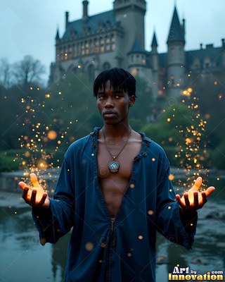 Outside a castle, a young man in a plain blue collared shirt holds yellow sparks in his hands