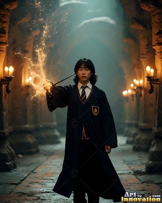Casting a spark with his wand, a young man in dark robes stands in a stone hall