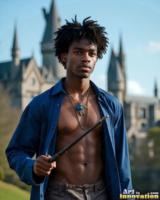 A young Black man holds a wand in front of a castle