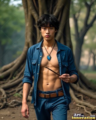 Wearing an open blue shirt, a young man grips a small stick before large tree roots