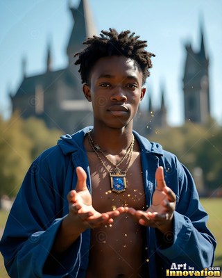 A young man holds out cupped hands in a blue robe under soft sunny light