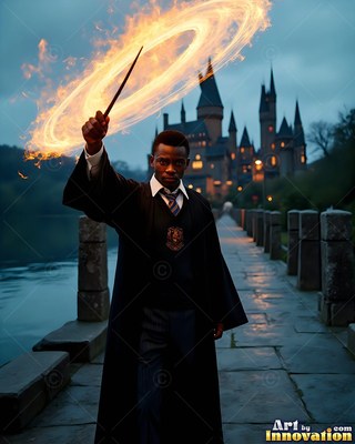 Facing forward on a stone bridge, a man in black robes spins a ring of fire with his wand