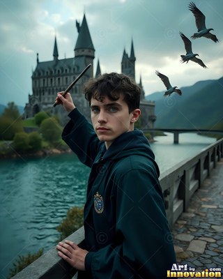 A young man in a dark green robe holds a wand near a castle while birds fly by