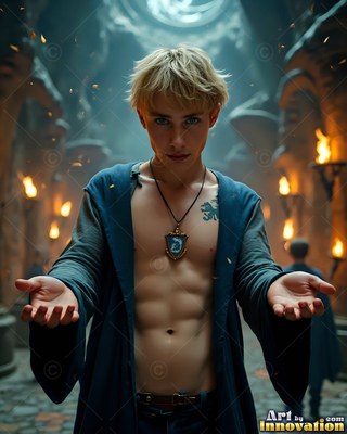 In a torchlit hall, a shirtless blond man in an open blue robe holds out both hands