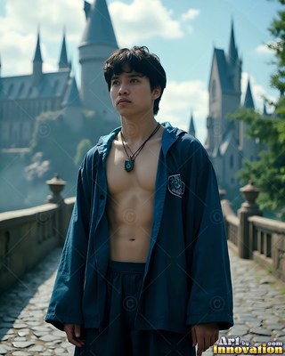 Standing on a stone bridge, a young man wears a clear blue robe outside a castle