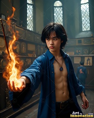 Young man in a pale blue dress shirt holds a flame in a classroom