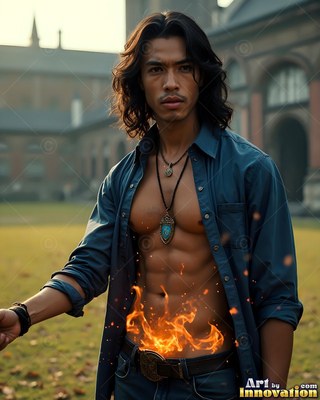 Wearing an open blue shirt in a castle courtyard, a man stands with fire at his waist