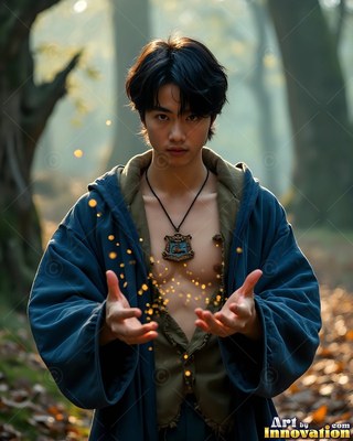 A young man clasps up his hands to float yellow sparks in soft woods light