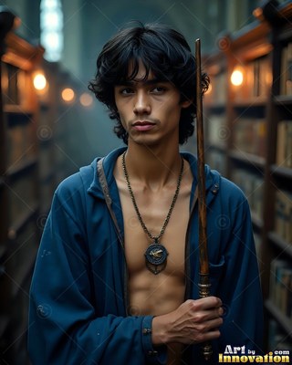 Facing forward in a dim library aisle, a young man holds a wooden wand