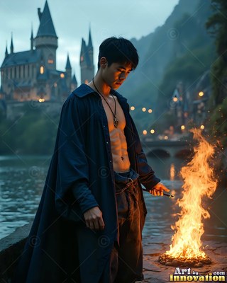A man in an open blue robe points a wand at a campfire near a river castle