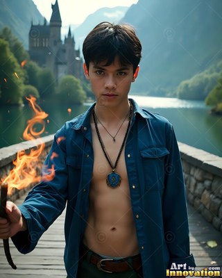 On a stone bridge by a lake, a young man has in his hands a burning torch