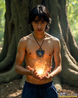 Holding bright fire in his cupped hands, a shirtless young man stands by a tree