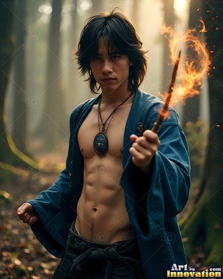 A shirtless young man carries a fiery wand in the woods