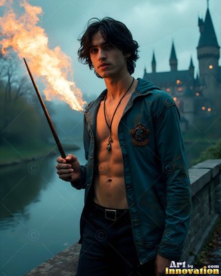 An unbuttoned blue jacket on a bare-chested young man holding a flaming wand near a castle bridge