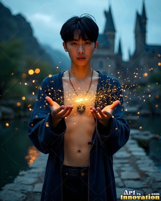 A young man grips open hands before his chest as bright sparks scatter in warm light