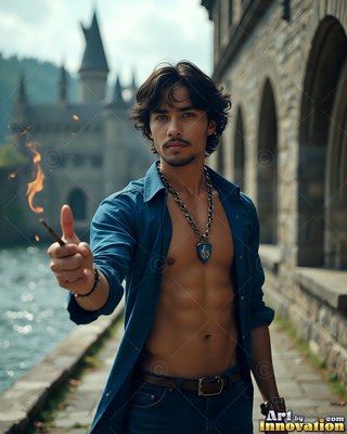 Facing forward outside a castle, a man in an open blue button-up shirt points a lit wand
