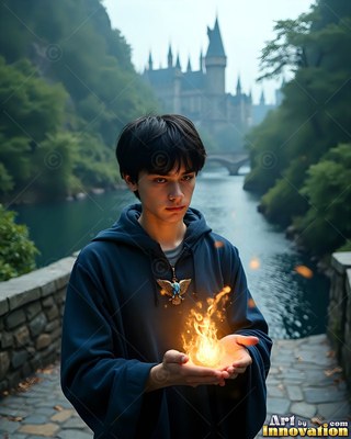 A young man in a blue robe holds bright yellow fire on a stone bridge by a castle