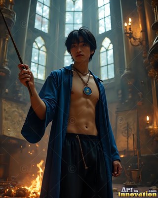 In a castle hall, a shirtless young man in a blue robe holds up a wooden wand