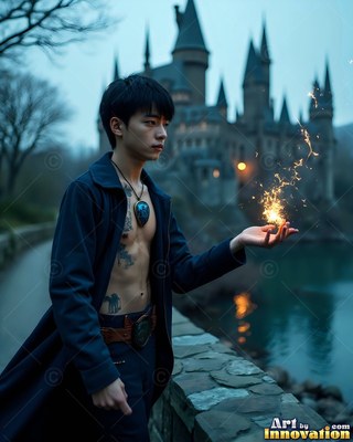 Holding yellow sparks in his open hand, a shirtless young man stands by a castle lake