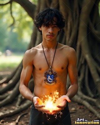 A shirtless man holds bright fire in his cupped hands