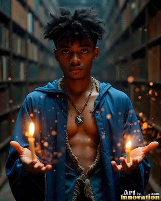 In a bright blue robe inside a dark library, a man holds two lit candles in his hands