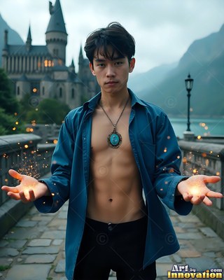A young man holds out sparks in open hands, wearing an open blue shirt under cloudy sky light