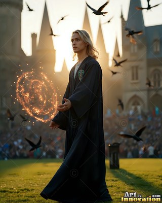 Facing sideways in a courtyard, a young man in black robes conjures orange sparks
