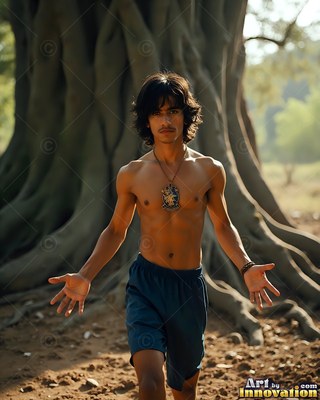 A shirtless young man walks forward outdoors near a thick tree trunk