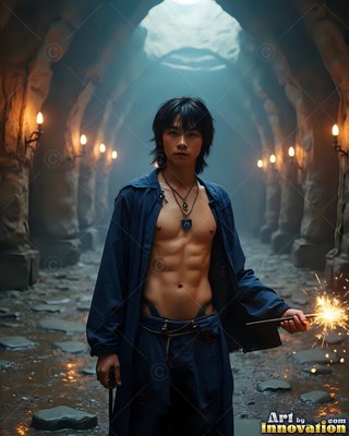 In a stone hallway, a shirtless man in an open blue robe holds a sparking wand