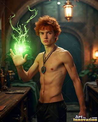 Casting bright green magic from his hand, a shirtless young man poses standing indoors