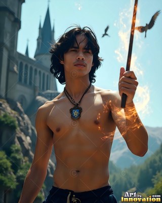 A shirtless man holds a flaming wand outside a castle