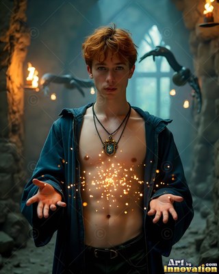 Bare-chested under an open blue robe, a young man holds bright sparks in a stone hall
