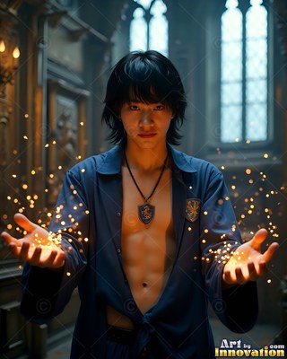 A young man holds out his open hands to spark bright yellow sparks in a blue stone hall
