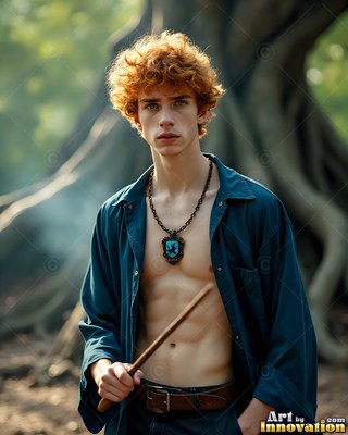 Facing forward outdoors, a young man carries a wooden wand in an open shirt