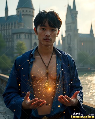A man in an open blue shirt cups his hands under bright sparks outside a castle