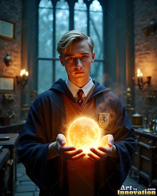 In a stone classroom, a blond young man in robes holds a bright yellow sphere in his hands