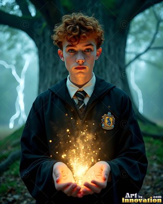 Holding bright yellow sparks in his cupped hands, a young man wears black school robes outdoors