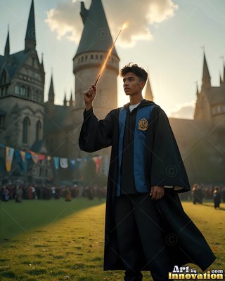 Young man in a black and blue robe raising a wand outside a castle