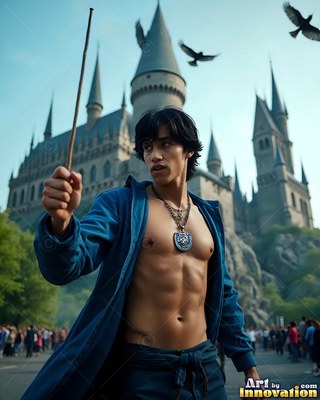 Bare-chested in a bright blue robe, a man raises a wand near a castle under flying ravens