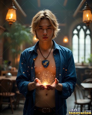 A young man carries bright sparks in his hands under warm hanging lamps