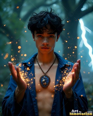 Facing forward outdoors, a young man holds sparks in his open hands