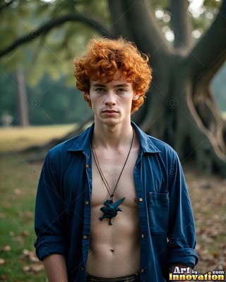 A red-haired young man poses standing outside in an unbuttoned blue collared shirt