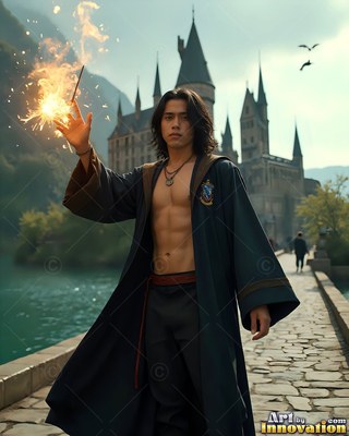 On a stone bridge by a castle, a shirtless man in an open robe casts sparks from a wand