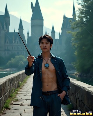 Holding out a wand, a bare-chested man walks along a stone bridge near a castle