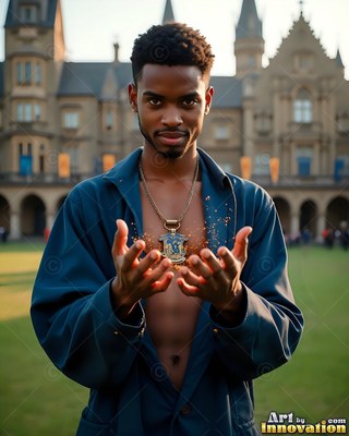 Young man holds out hands wearing a plain blue robe outside