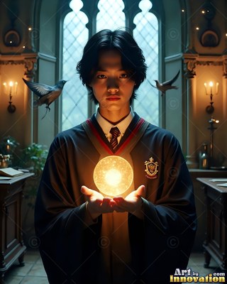 Wearing school robes, a young man grips a bright orb inside a stone castle room