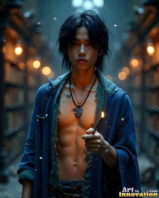 A young man carries a lit match in a pale blue robe before warm yellow lights