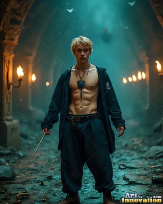 Facing forward in a dim stone hall, a shirtless young man holds a wand