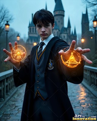 A young man in a dark school uniform casts bright fiery spells from his hands outside a castle