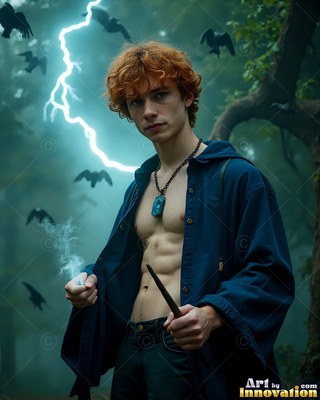 In a stormy forest, a shirtless young man in a blue robe holds a wand under lightning